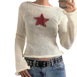 Women Knitted Tops Long Sleeve Crew Neck Star Pattern Sweater Y2K Aesthetic Clothes Gothic Grunge Autumn Shirts Streetwear