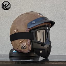 ORZ New PU Leather 3/4 Retro Cruising Motorcycle Helmet Summer Scooter Half Helmet with Mask Windshield DOT Approval
