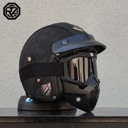 ORZ New PU Leather 3/4 Retro Cruising Motorcycle Helmet Summer Scooter Half Helmet with Mask Windshield DOT Approval