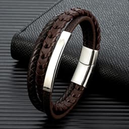 MKENDN Fashion Men Braided Rope Multilayer Leather Bracelet Matte Black Stainless Steel Bangle Hand-woven Jewelry Gifts