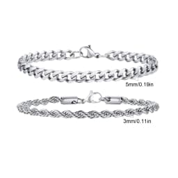 2pcs Men's Chain Bracelets,Stainless Steel Silver Gold Black Color Twist Rope Chain Wristband,Trendy Cuban Link Chains Gift