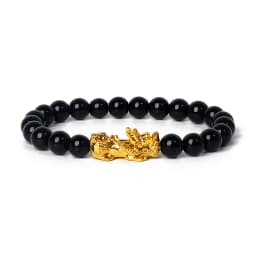 Nature Stone Feng Shui Bracelet Men Obsidian Opal Pixiu Wealth Luck Bead Bracelet Gold Color Pi Yao Dragon Charm Elastic Jewelry