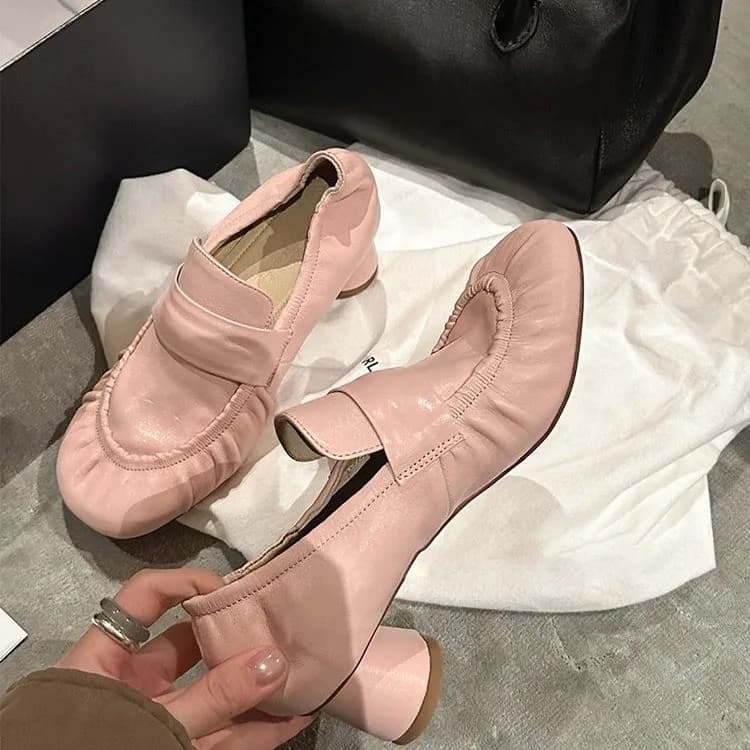 Round-toe Pleated Retro Simple Slip-on High-heel Loafers for Women 2026 New Deep-mouth Single Shoes,Commuter Small Leather Shoes