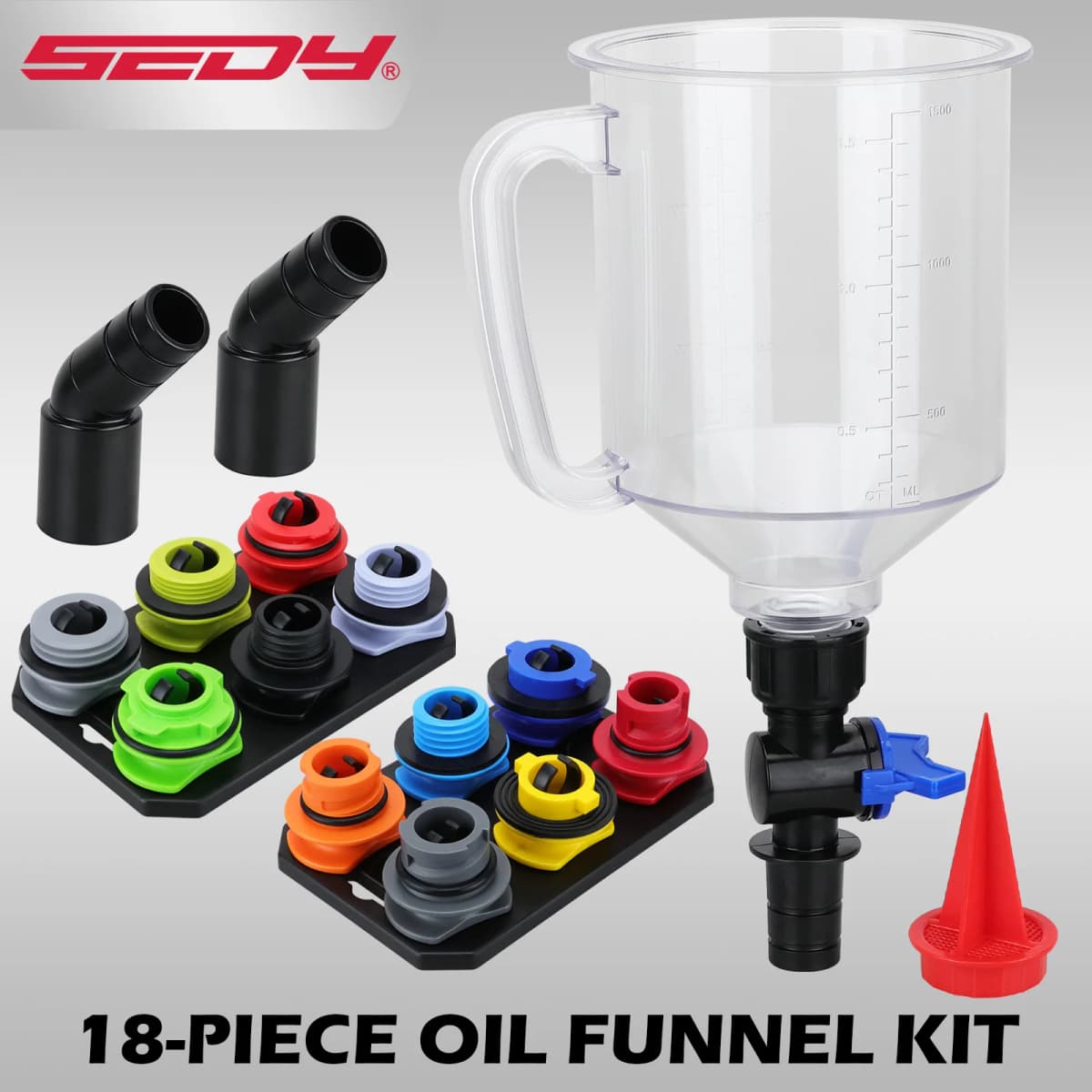 18-Piece Engine Oil Funnel Set, 1.59 Qt Automotive Oil Funnel Kit with 12 Adapters, Elbow Fitting, Arrow Screen Magnetic Storage