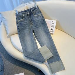 2025 Spring Autumn Women's Jeans High Waist Slim Fit Flipped Panel Elastic 9-point Pipe Pants Female Denim Straight Trousers
