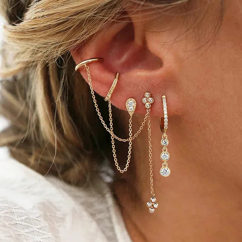Stainless Steel Gold Color Chain Dangle Drop Earrings for Women Zirconia Pendant Clip Earring Vacation Party Jewelry Accessories