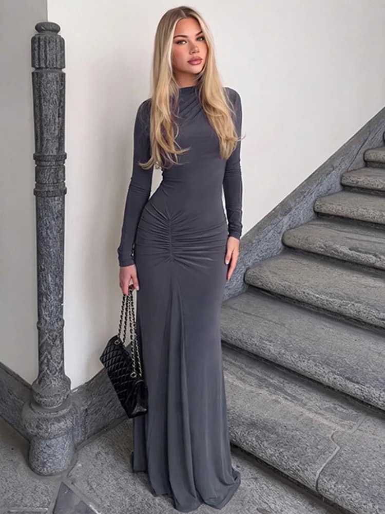 Mozision Women High Neck Long Sleeve Maxi Dress Ruched Front Bodycon Mermaid Hem Long Dress Elegant Evening Party Formal Dresses