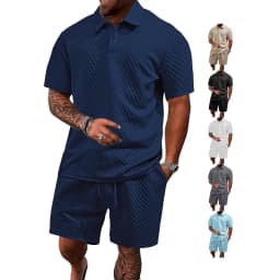 Casual Sports Style Short Two Piece Set Men's Fashion Solid Color Jacquard Short Sleeves Pullover POLO Shirt Shorts 2 Piece Sets