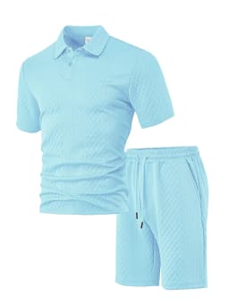 Casual Sports Style Short Two Piece Set Men's Fashion Solid Color Jacquard Short Sleeves Pullover POLO Shirt Shorts 2 Piece Sets