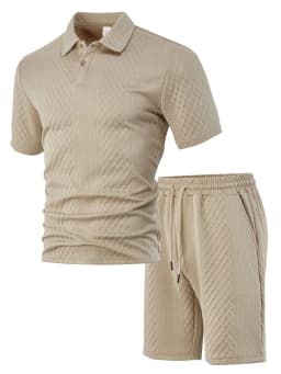 Casual Sports Style Short Two Piece Set Men's Fashion Solid Color Jacquard Short Sleeves Pullover POLO Shirt Shorts 2 Piece Sets