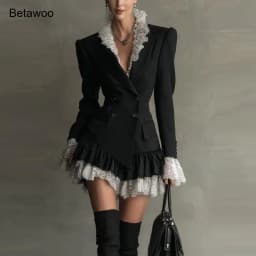 Vintage Black Blazer Dress Lace Ruffle Hem Long Sleeve Slim Waist Evening Party Short Dress