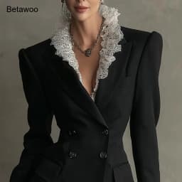 Vintage Black Blazer Dress Lace Ruffle Hem Long Sleeve Slim Waist Evening Party Short Dress