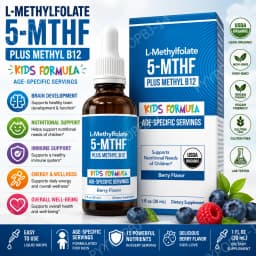 Kids L-Methylfolate 5-MTHF Liquid Drops with Methyl B12 Active Folate Support 1 Fl Oz USDA Organic Vegan Non-GMO