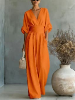 2026 Spring Summer Women Elegant V-neck Jumpsuit Casual Short Sleeve Ruched High Waist Wide Leg Pants Loose Office Lady Romper