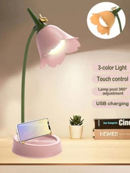 Pink Flower Cute Lamp LED Desk Lamp Table Light Adjustable Touch Rechargeable Battery Night Light for Dorm Reading Table Light