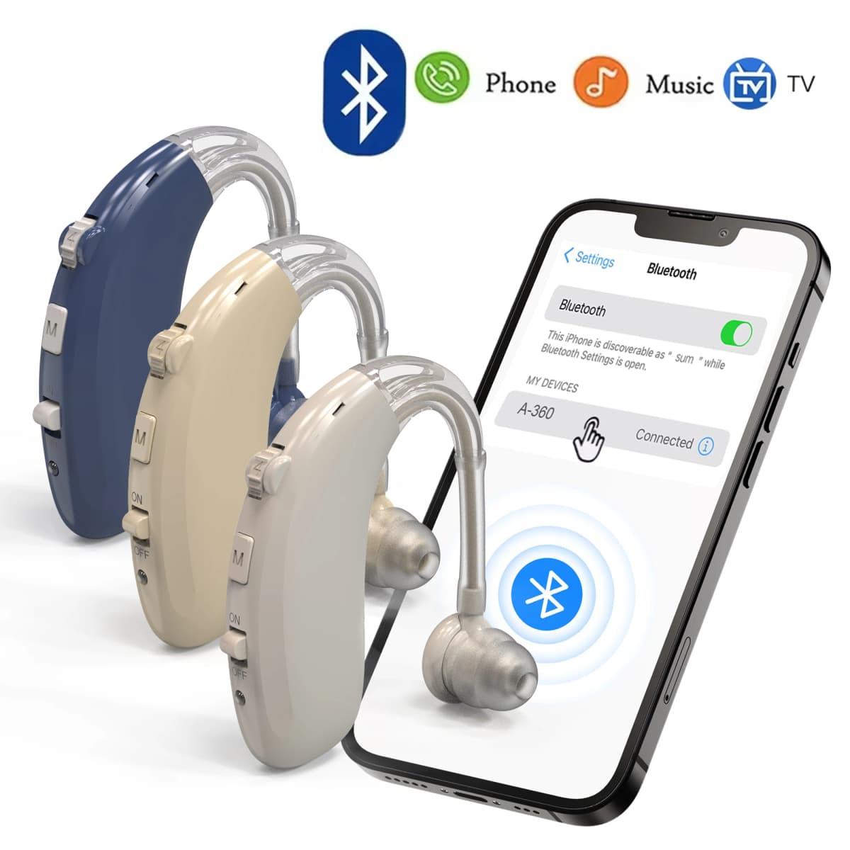 Rechargeable Bluetooth Hearing Aid for Seniors Adults Digital 16 Channel BTE Hearing Aids with Noise Cancelling