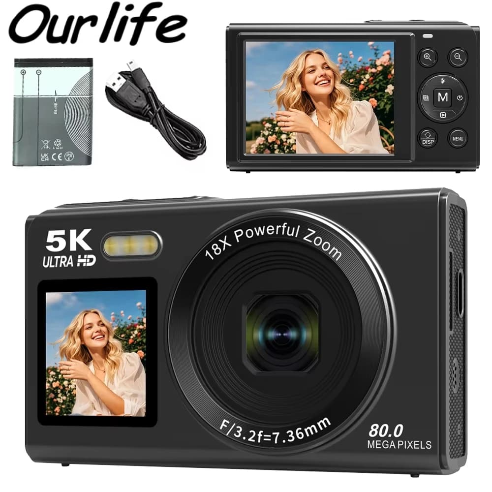 Ourlife Digital Camera 5K 80MP 18X Digital Zoom Dual IPS Screen Camera WIFI Cam Vintage Vlog Video Recorder for Photography