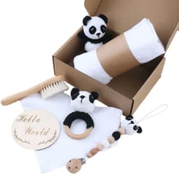 1 Set Baby Stuffed Animal Doll kawaii Panda Plush Toys+Crochet Rattle+Hair Brush+Newborn Swaddle Wrap Baby Birth Shower Gift Box