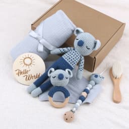 1 Set Baby Stuffed Animal Doll kawaii Panda Plush Toys+Crochet Rattle+Hair Brush+Newborn Swaddle Wrap Baby Birth Shower Gift Box