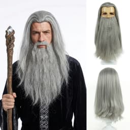 REEWES Wig Beard Set Grey Long Curl Yaki Synthetic Hair Old Man Costume Wig Anime Cosplay Halloween Party Proofs