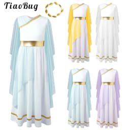 Kids Girls Roman Ancient Greek Godess Toga Costume Athena Cosplay Princess Robe Dress with Flowy Tulle Shawls Headwear Outfits