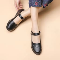 New Black Flat Spring Shoes Comfortable Elderly Woman Mary Jane Flats Lady 1980s Retro Student Uniform Office Shoes Big Size 42