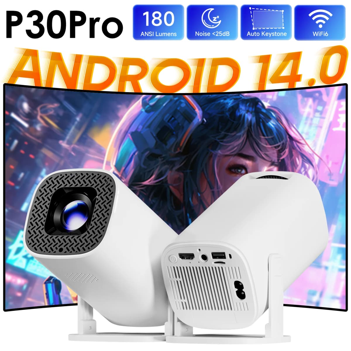 P30PRO Android 14 Smart Mini Projector WiFi6 BT 5.0 Supports 4K 1280 * 720P Supports Screen Mirroring Home Theater Projector