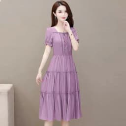 Red Midi Dress Women's Summer 2024 Fashionable Waist-Cinching Square Collar Short Sleeve Color Pocket Square Casual Style