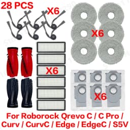 Roborock Qrevo C/C Pro/Curv/CurvC/Edge/EdgeC/S5V Compatible Main Side Brush, Mop Cloth, Dust Bag & Filter Set