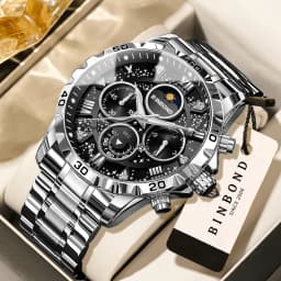 BINBOND Orginal Brand Quartz Watches For Men Luxury Luminous Stainless Steel Chronograph Men's Watch Hombre Elegante Reloj