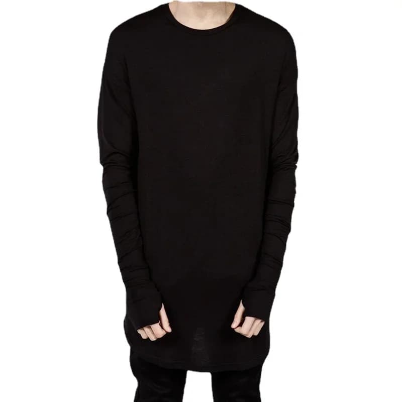 Quality Hip Hop T Shirt Full Mens Long Sleeve T-Shirt with Thumb Hole Cuffs Tees Shirts Curve Hem Men Street Wear Tops Plus Size