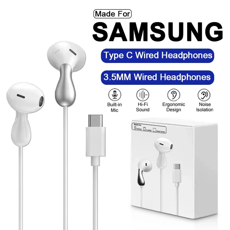 USB Type C Wired Earphone For Samsung Galaxy S25 S24 S23 S22 S21 Ultra Headphones A53 A52 A54 Note 20 3.5mm Jack Earbud Headset