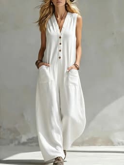 Women Casual Sleeveless V Neck Jumpsuit Button Wide Leg Cotton Linen Long Pants Romper Loose Baggy Summer Streetwear Outfits
