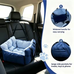 Blue‑Stripe Dog Car Seat Bed Pet Car Booster Seat With Safety Belt Washable Anti‑Collision Travel Sofa For Dogs And Cats