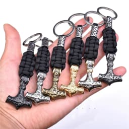 Retro Vikings Thors Hammer Survival Rope Keychain Men Stainless Steel Leather Keyring Handmade Amulet Norse Runes Anchor Jewelry