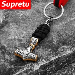 Retro Vikings Thors Hammer Survival Rope Keychain Men Stainless Steel Leather Keyring Handmade Amulet Norse Runes Anchor Jewelry