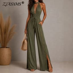 Vintage Solid Halter Backless Jumpsuits Women High Neck Deep V Self Tie Waist Hollow Lace Wide Leg Romper Resort Travel Overalls