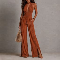Vintage Solid Halter Backless Jumpsuits Women High Neck Deep V Self Tie Waist Hollow Lace Wide Leg Romper Resort Travel Overalls