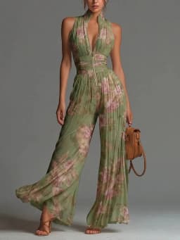 Women Elegant Chiffon Sleeveless Jumpsuit High Waist Pleated Flowy Wide Leg One Piece Overalls Holiday Casual Streetwear Rompers