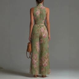 Women Elegant Chiffon Sleeveless Jumpsuit High Waist Pleated Flowy Wide Leg One Piece Overalls Holiday Casual Streetwear Rompers