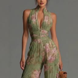 Women Elegant Chiffon Sleeveless Jumpsuit High Waist Pleated Flowy Wide Leg One Piece Overalls Holiday Casual Streetwear Rompers