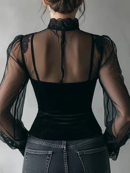Vintage Elegant Mesh Women Blouse Black Mesh Sheer Slim High Neck Lace Gothic Punk Corset Top Long Sleeve Velvet Fashion Blouses