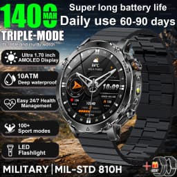 2026New 1400mAh Military Smart Watch Men 10ATM Swim 1.7“ Large Screen GPS Motion Track Bluetooth Call Heart Rate For Android IOS
