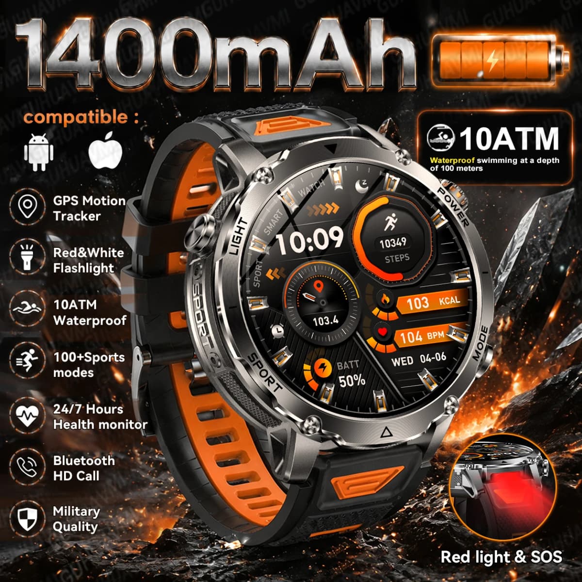 2026New 1400mAh Military Smart Watch Men 10ATM Swim 1.7“ Large Screen GPS Motion Track Bluetooth Call Heart Rate For Android IOS