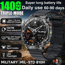 New Military 1400mAh Battery Smart Watch 10ATM Waterproof LED Flashlight Heart Rate 100+Sports mode SOS Alarm Bracelet Men Women