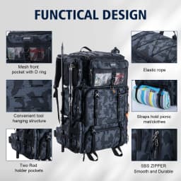 Fishing Tackle Bag 72L Large Capacity 65x44x25cm Insulated Cooler Compartment Bags with Waterproof Rain Cover Backpack