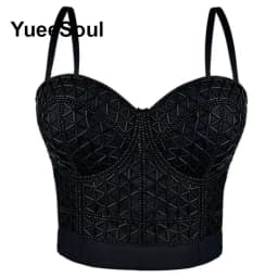 Black Crop Tops 2025 New Y2K Gothic Wedding Party Club High Street Casual Sexy Tank Top Pearl Sequins Corset Top Women Clothing