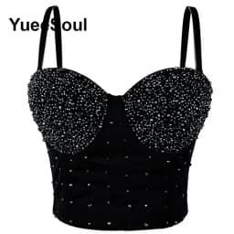 Black Crop Tops 2025 New Y2K Gothic Wedding Party Club High Street Casual Sexy Tank Top Pearl Sequins Corset Top Women Clothing