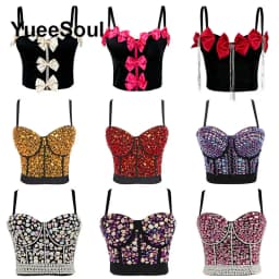 Black Crop Tops 2025 New Y2K Gothic Wedding Party Club High Street Casual Sexy Tank Top Pearl Sequins Corset Top Women Clothing