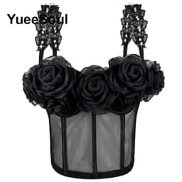Black Crop Tops 2025 New Y2K Gothic Wedding Party Club High Street Casual Sexy Tank Top Pearl Sequins Corset Top Women Clothing